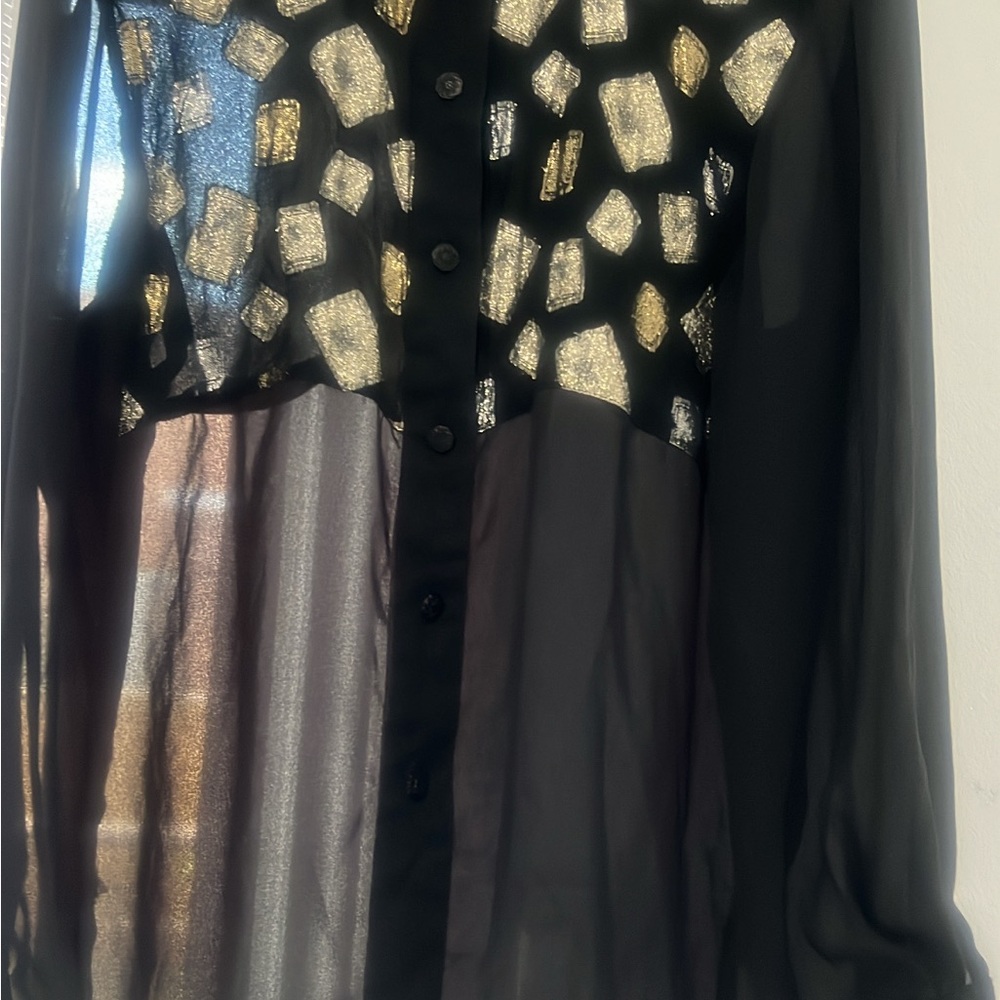Black Sheer Button-Up Blouse with Gold Accents